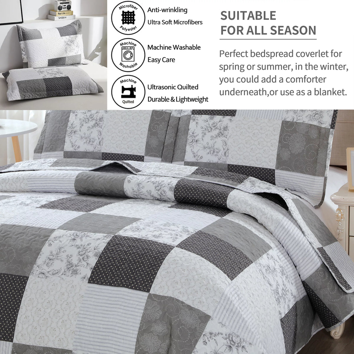 King Size Black White Grey Plaid Patchwork Quilt Microfiber Bedspread P2363