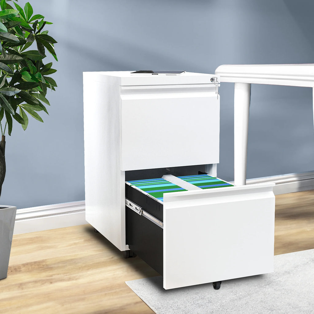 White 2-Drawer Mobile Metal File Cabinet with Lock A326181