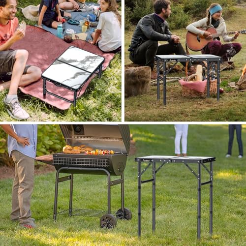 Folding Camping Table with Storage Net, 3 Adjustable Height Aluminum Small Portable Table with Carry Handle B58798