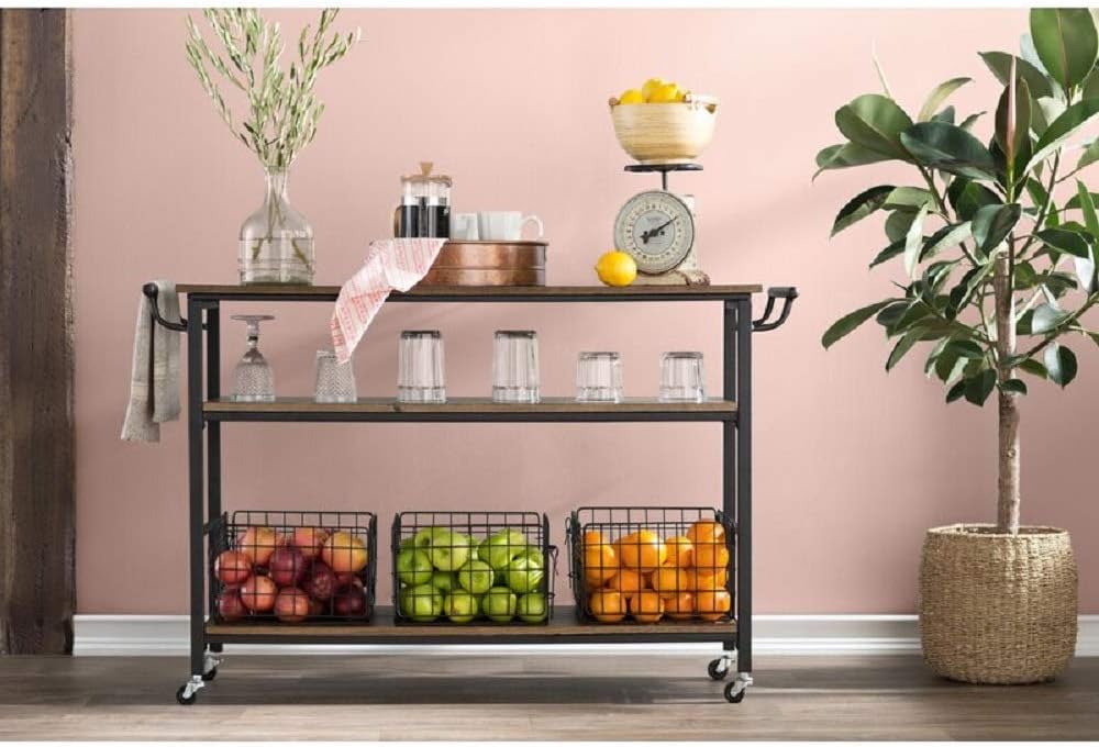 Industrial Kitchen Cart with Wheels and 3 Metal Storage Baskets E210271
