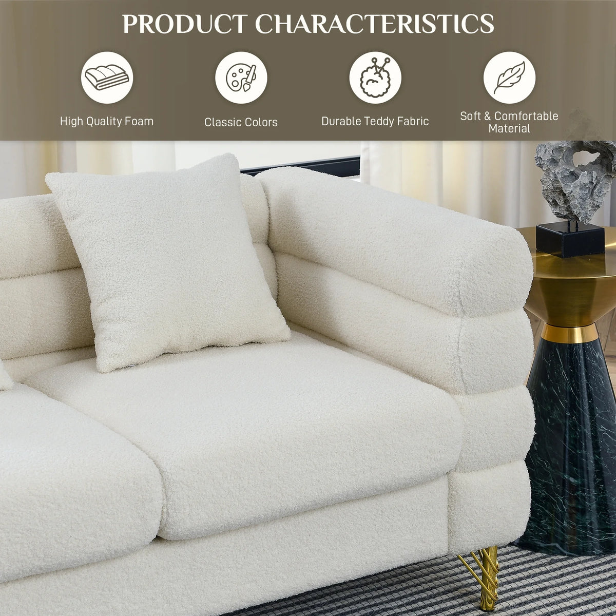 Teddy Fabric Bouclé 3-Seater Sofa with Golden Metal Legs F27563