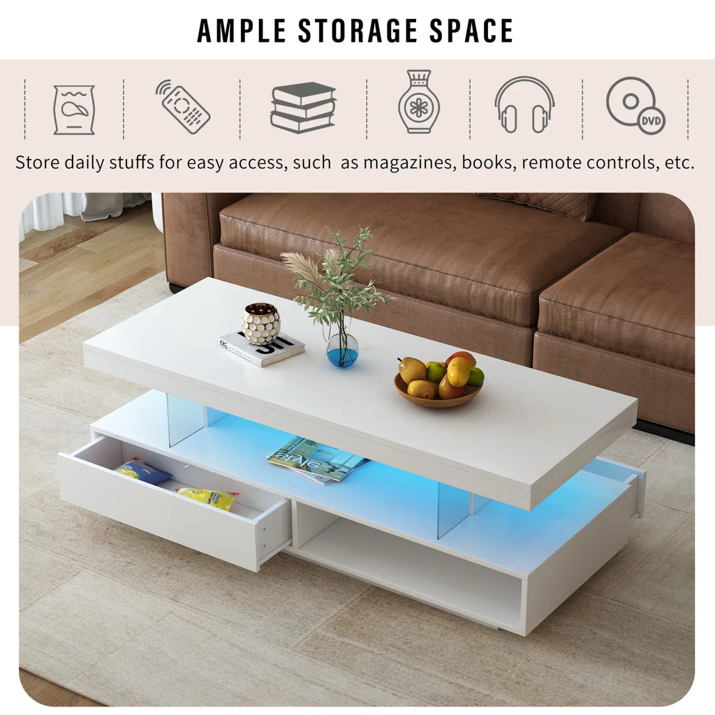 White LED Coffee Table with Storage and 2 Drawers L4029