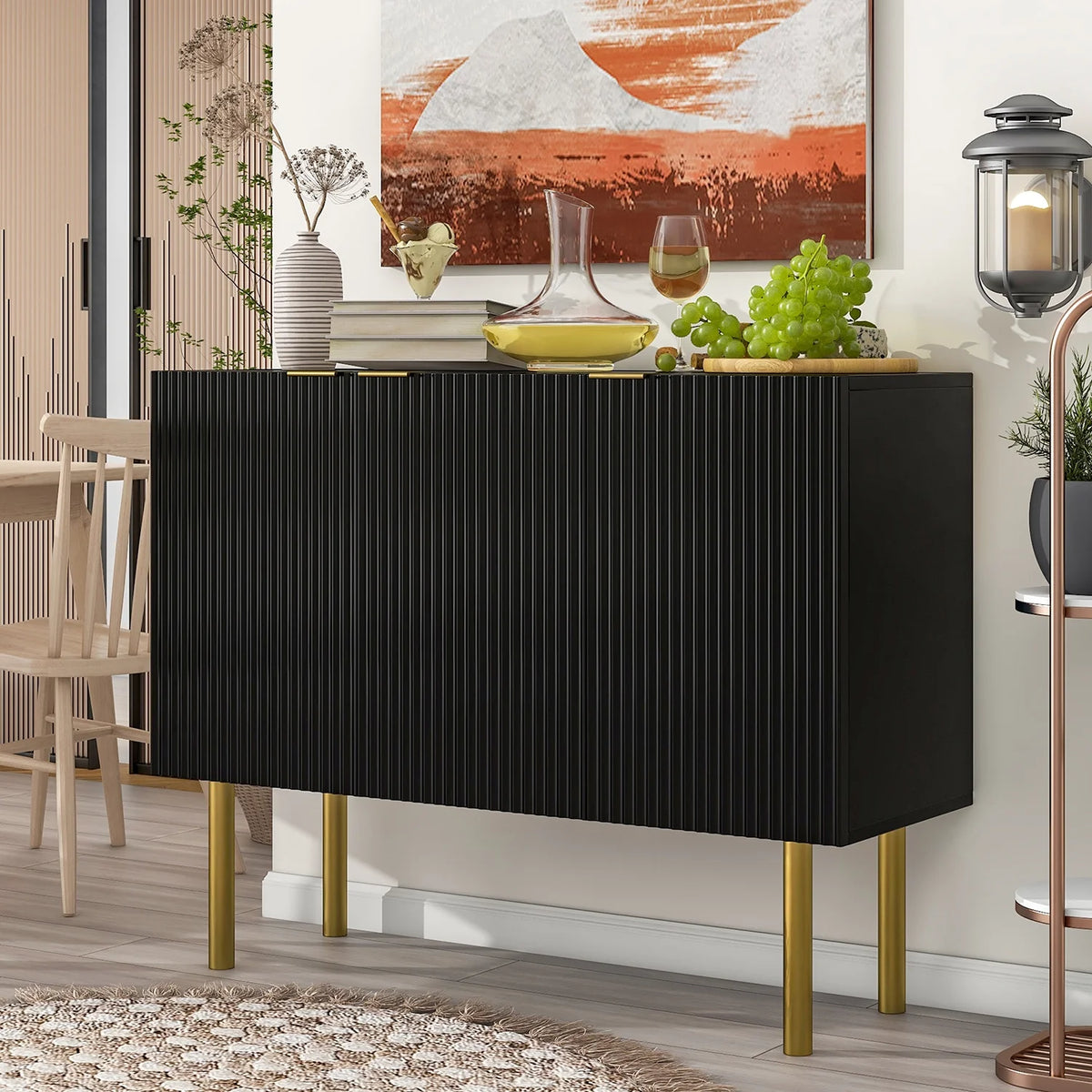 Black Modern Sideboard with Gold Metal Legs and Adjustable Shelves X472241