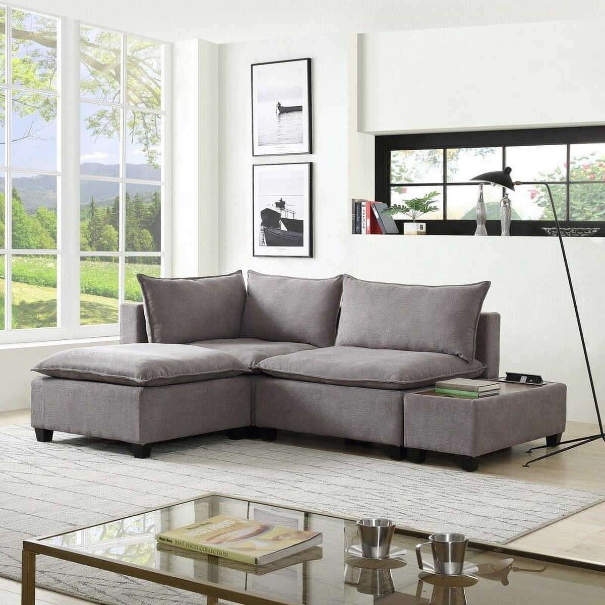 Light Gray Fabric Sectional Loveseat with Ottoman U111274