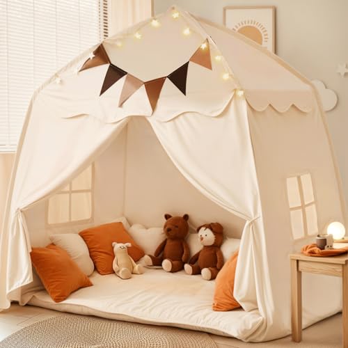 Cream Extra Large Kids Play Tent with Flags & Star Lights, 59x39x59 in F31781