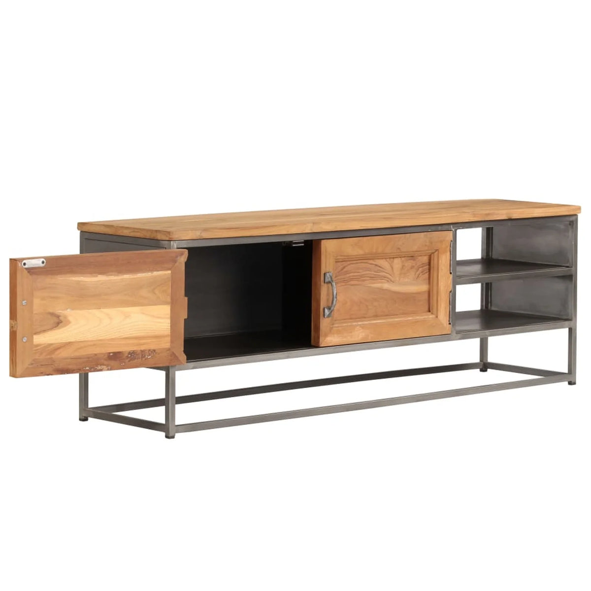 Teak Wood TV Stand with Storage Cabinet and Shelves Steel Frame Z530