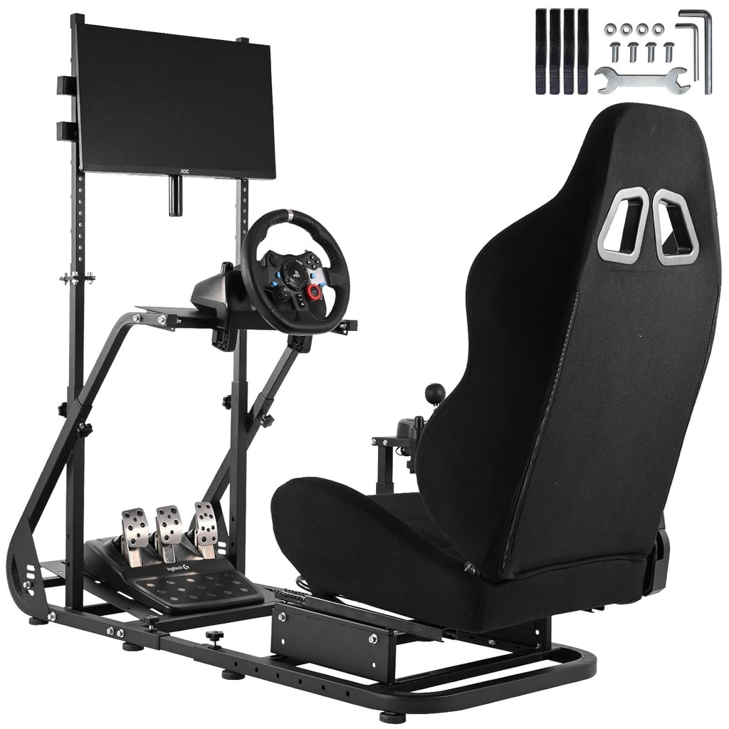Black Seat TV VR Sim Racing Simulator Cockpit with Monitor Stand B57158