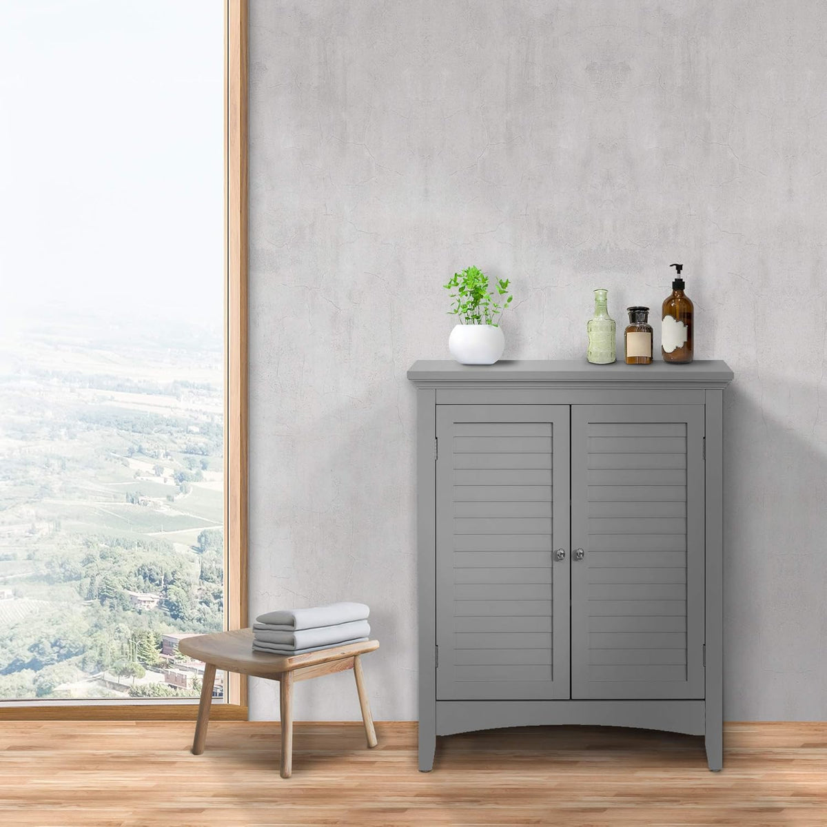 Grey Freestanding Floor Cabinet with 2 Shutter Doors O575