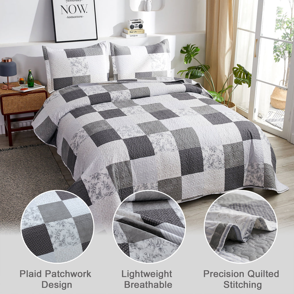 King Size Black White Grey Plaid Patchwork Quilt Microfiber Bedspread P2363