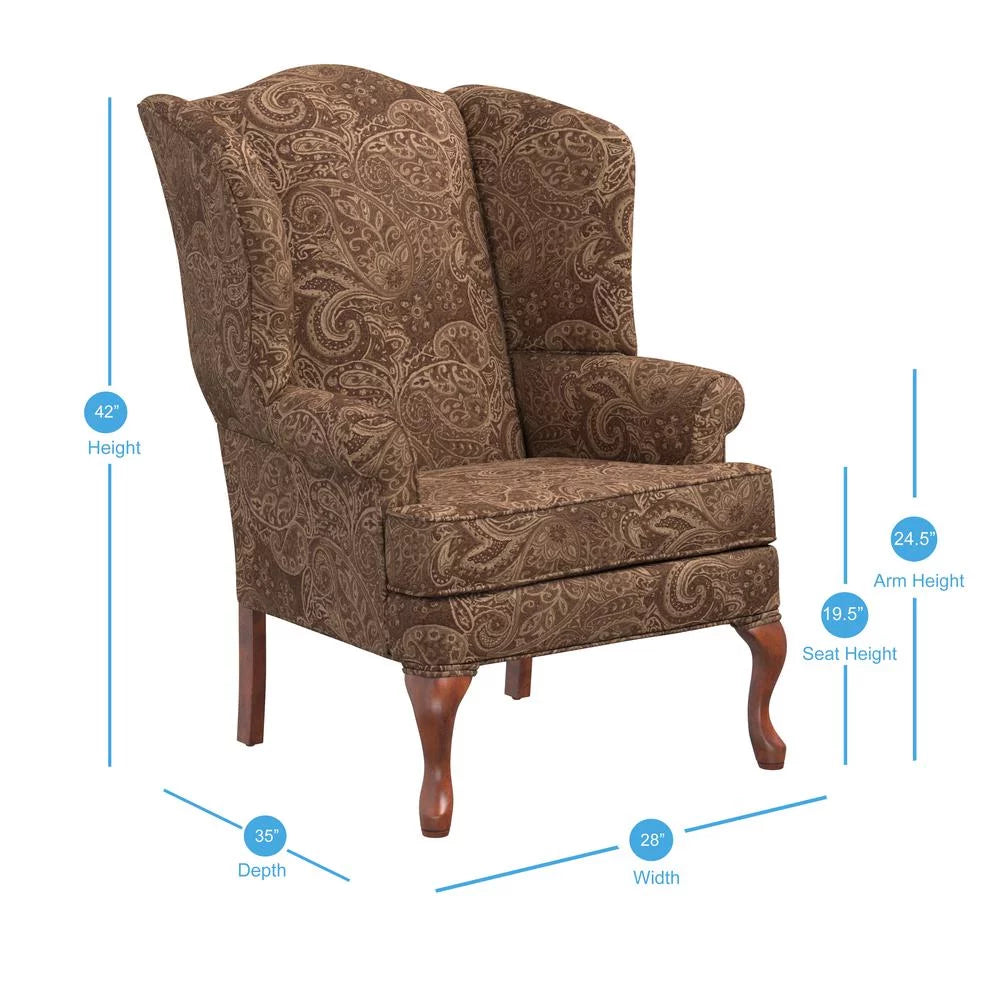 Paisley Cocoa Brown Chenille Fabric Wing Back Accent Chair F752
