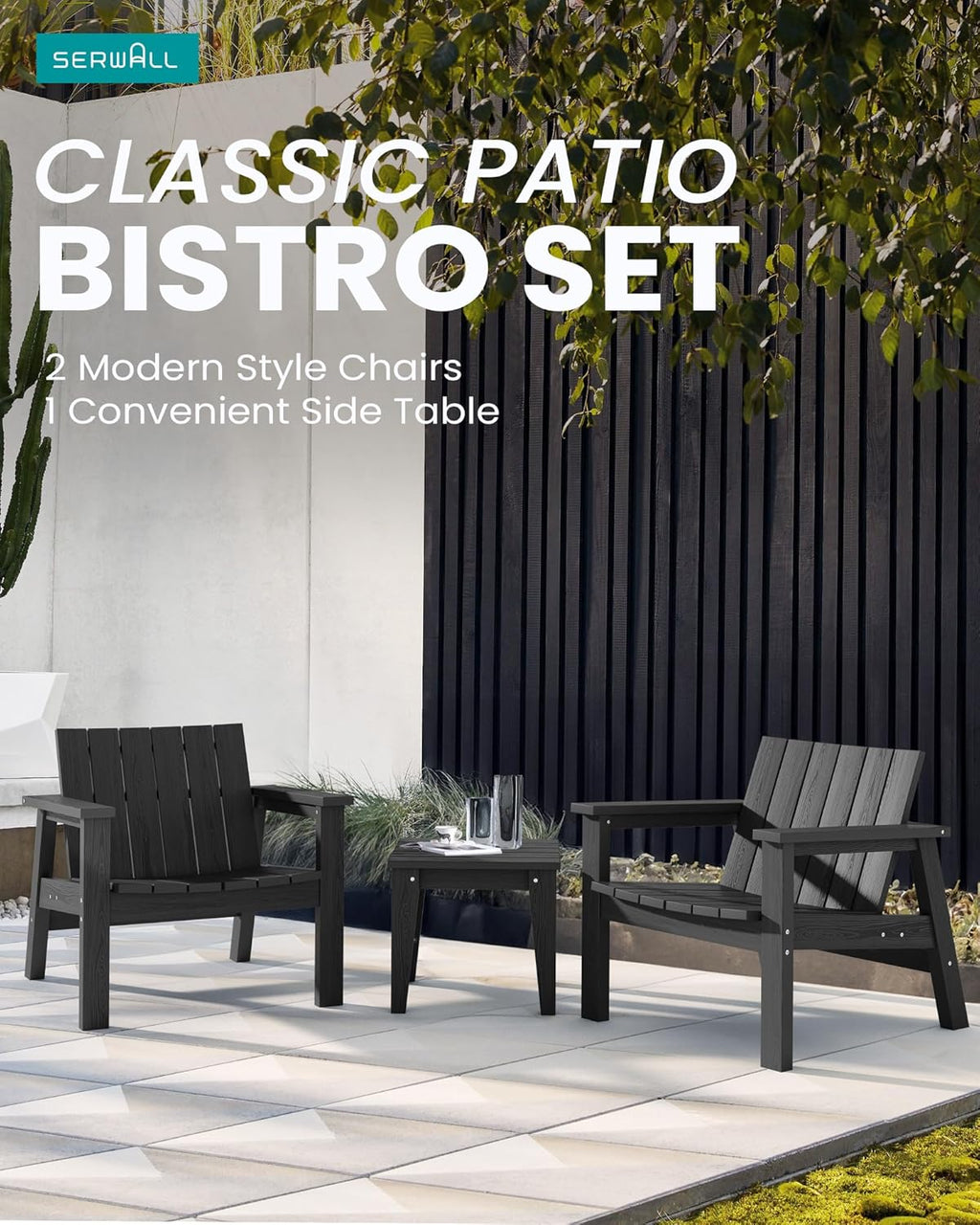 3 Piece HDPE Adirondack Chair Set with Side Table Black O18350