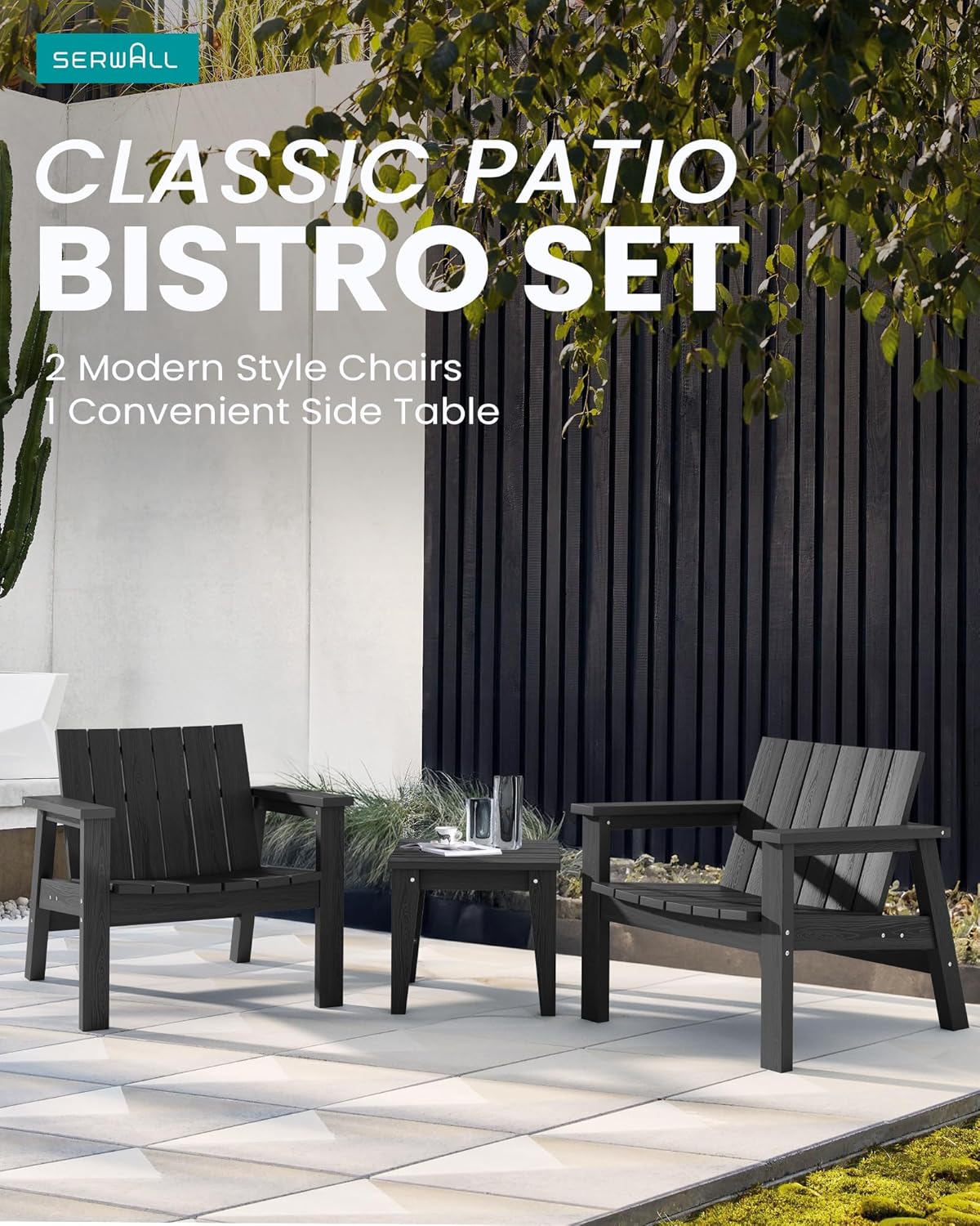3 Piece HDPE Adirondack Chair Set with Side Table Black O18350