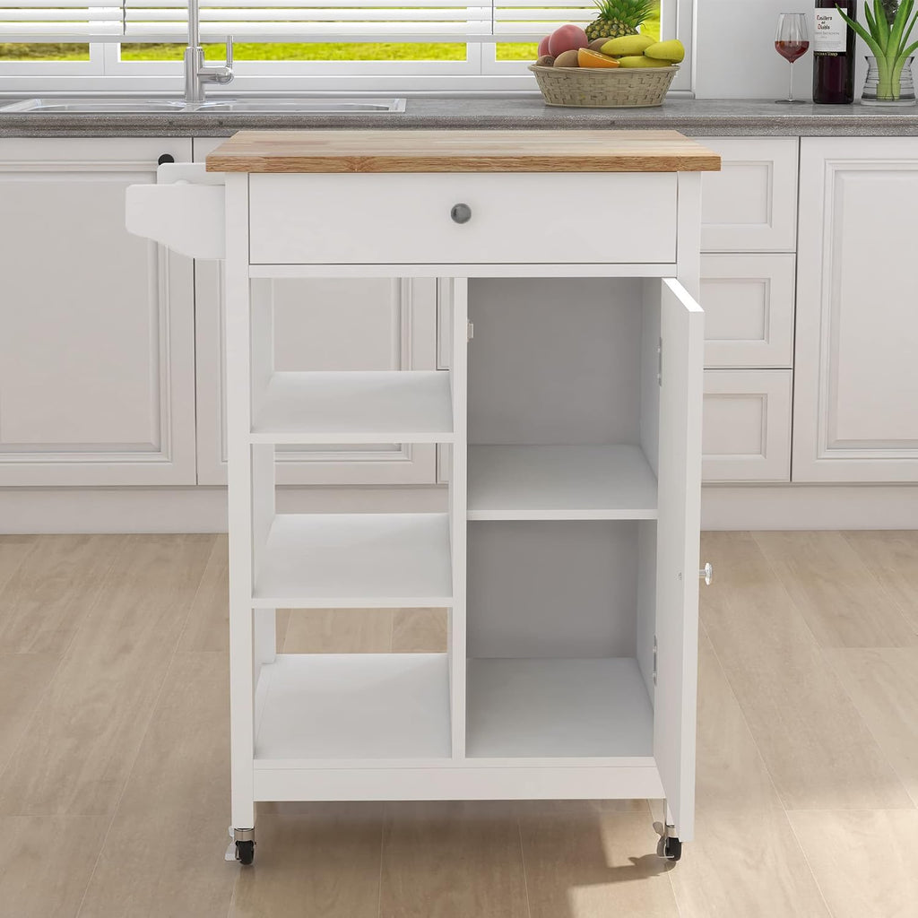 White Solid Wood Top Kitchen Island on Wheels with Single Door and One Drawer Towel Rack T9952