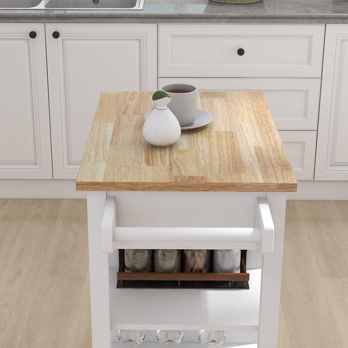 White Solid Wood Top Kitchen Island on Wheels with Single Door and One Drawer Towel Rack T9952