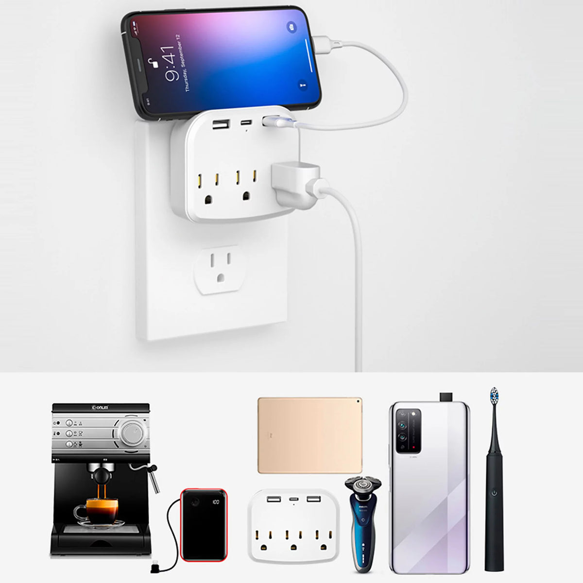 International Power Plug with 3 US Outlets and 2 USB L422