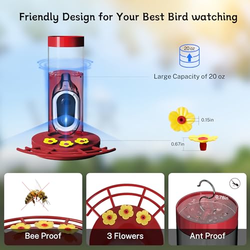 Smart Hummingbird Feeder with Camera Solar-Powered, AI Identify, Cloud Storage, HD Video (20 Ounces) O630