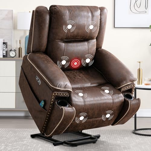 Brown Leather Power Lift Chair with Massage and Heat U7428