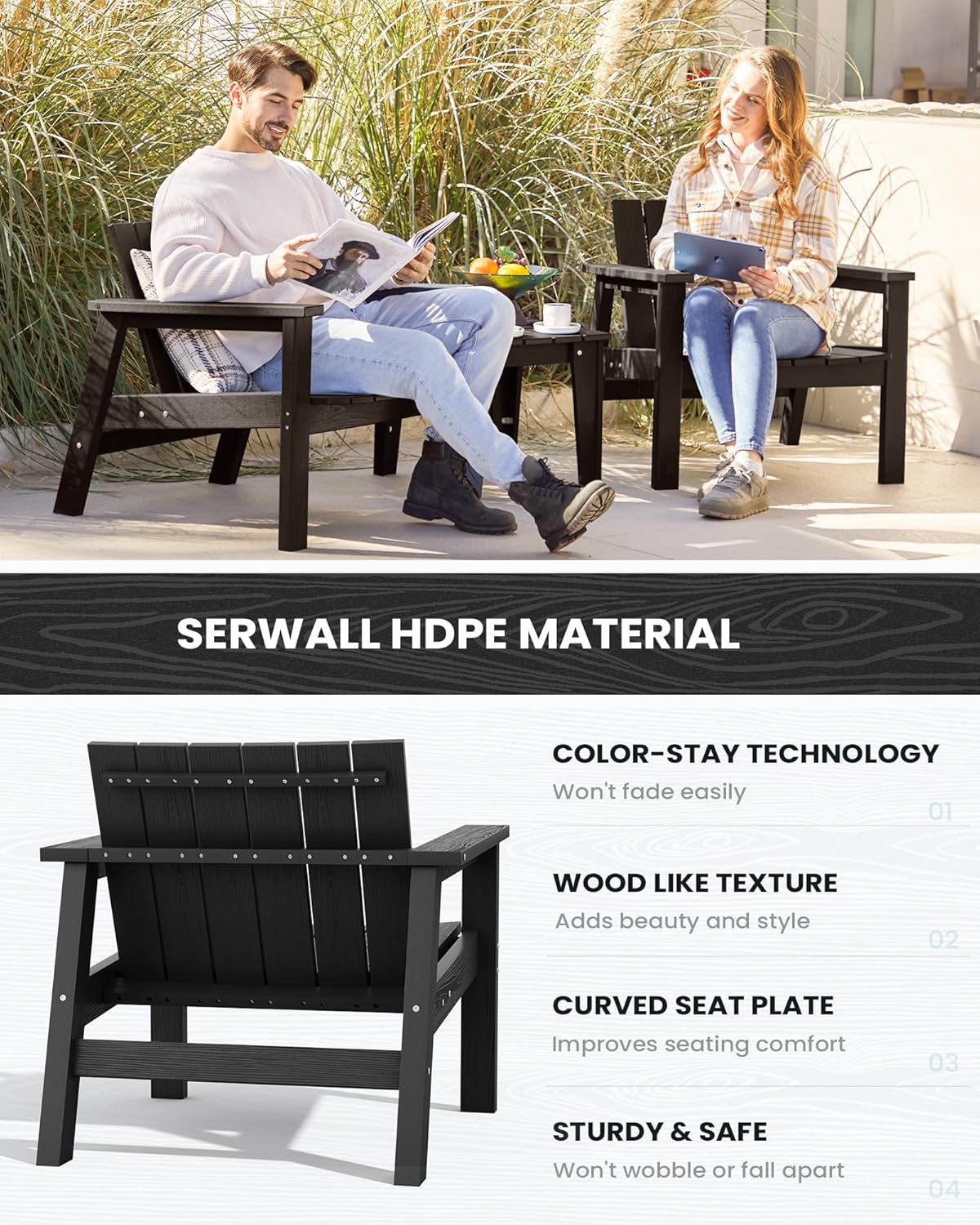3 Piece HDPE Adirondack Chair Set with Side Table Black O18350