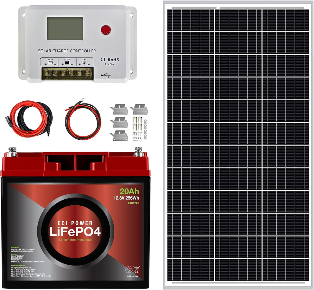 100W 12V Solar Power Kit with 20Ah LiFePO4 Battery T654