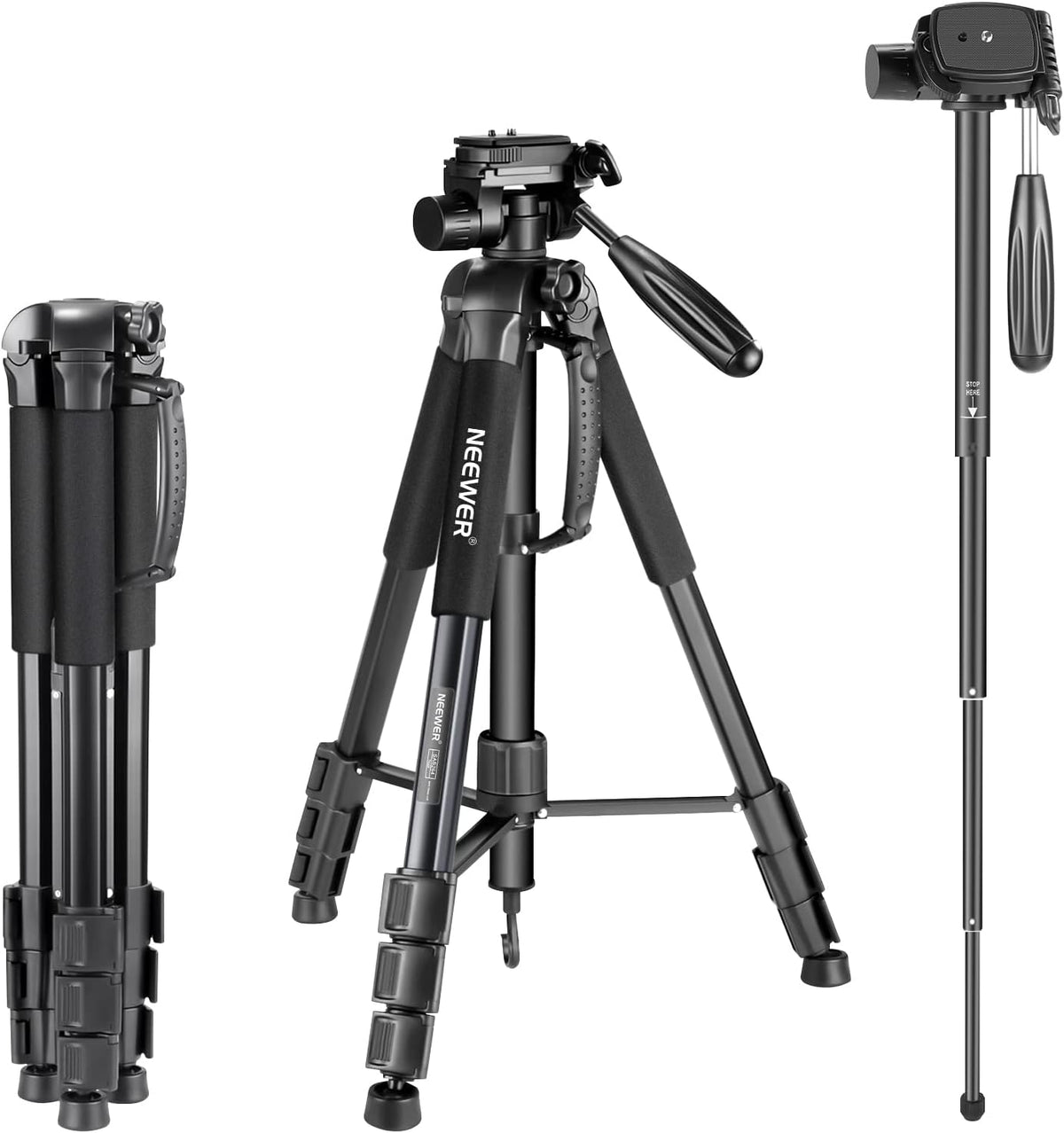 Portable Aluminum Alloy 2-in-1 Tripod Monopod with 3-Way Pan Head and Carrying Bag U4492