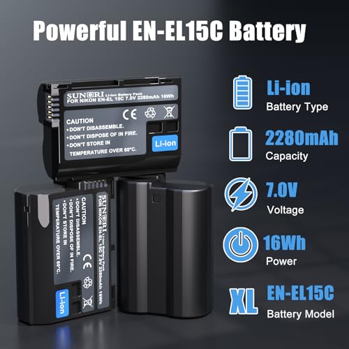3 Pack EN-EL15C Batteries and Three-Slot Charger Set 2280mAh F252727