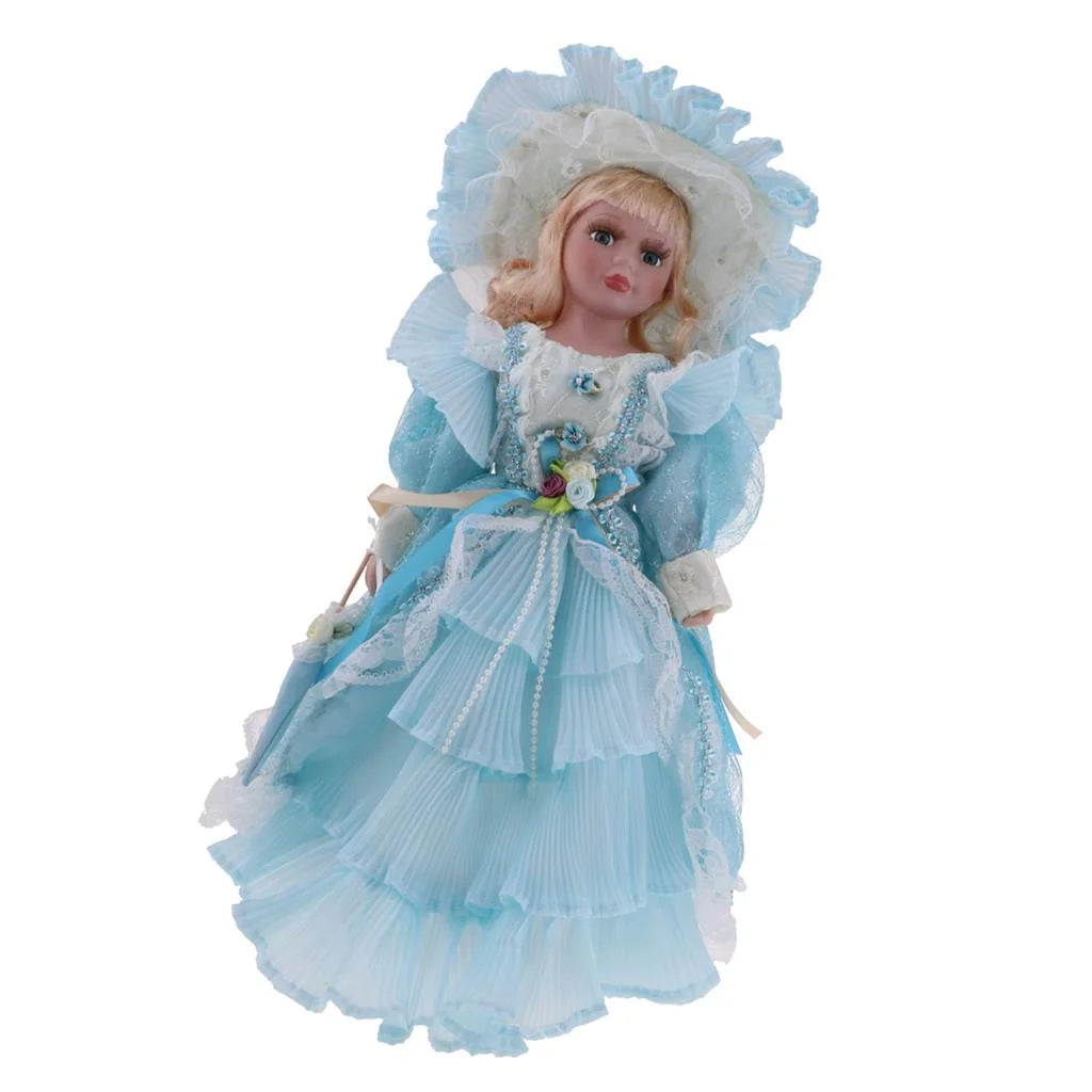 16inch Porcelain Doll with Stand, Lady Figures with Dress Hat, Dollhouse Accessories X8154