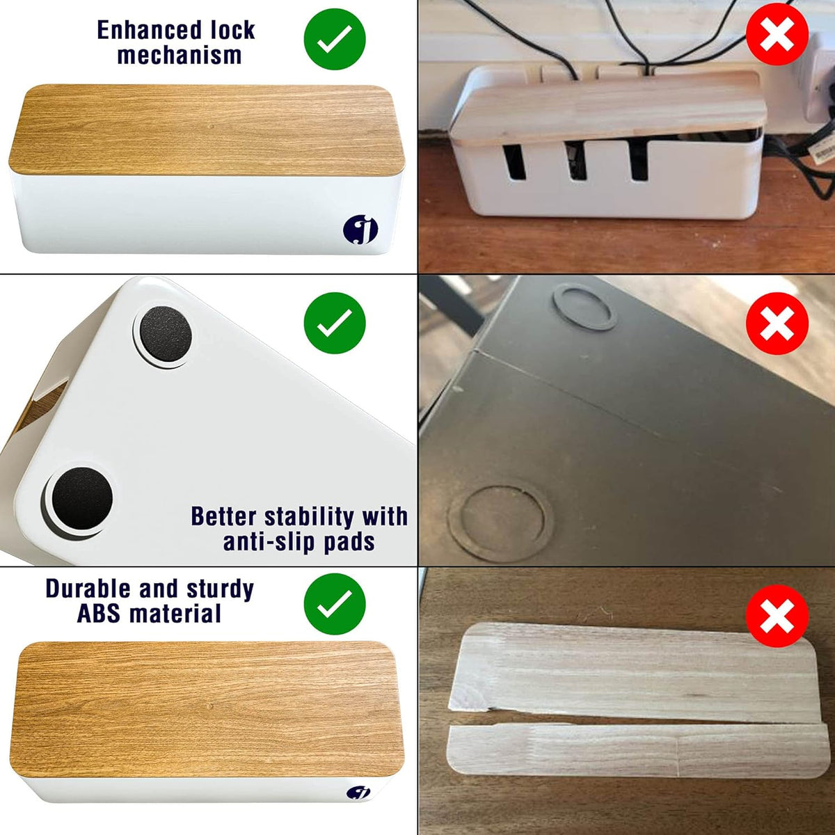 Cable Management Box with Wooden Style and Lid Lock, Sturdy ABS Material C800