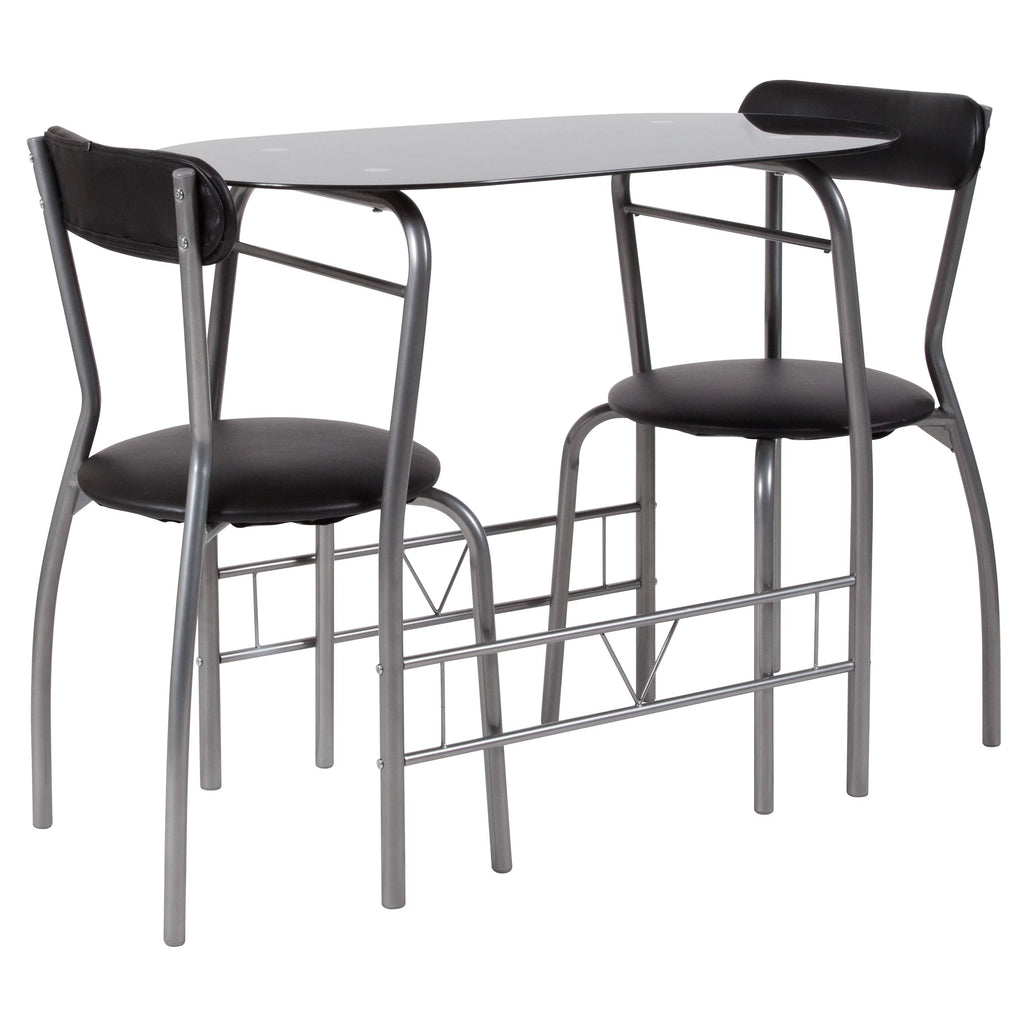 3 Piece Bistro Set with Black Glass Top Table and Black Vinyl Chairs J696