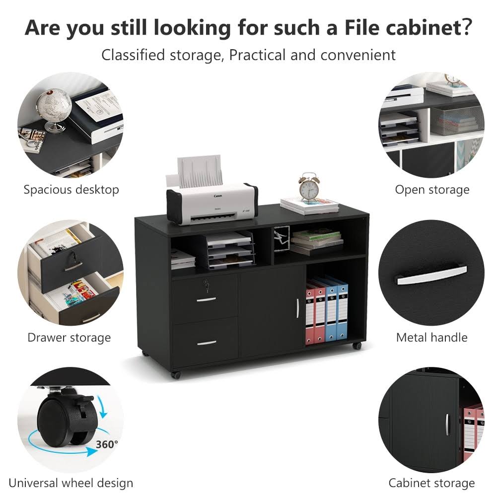 Black 2 Drawer Mobile Lateral File Cabinet with Storage Shelf D56312
