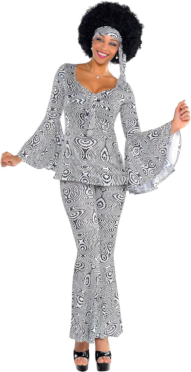 Disco Costume for Adults, Size Medium, Includes Top, Flare Pants, and Headscarf P5144