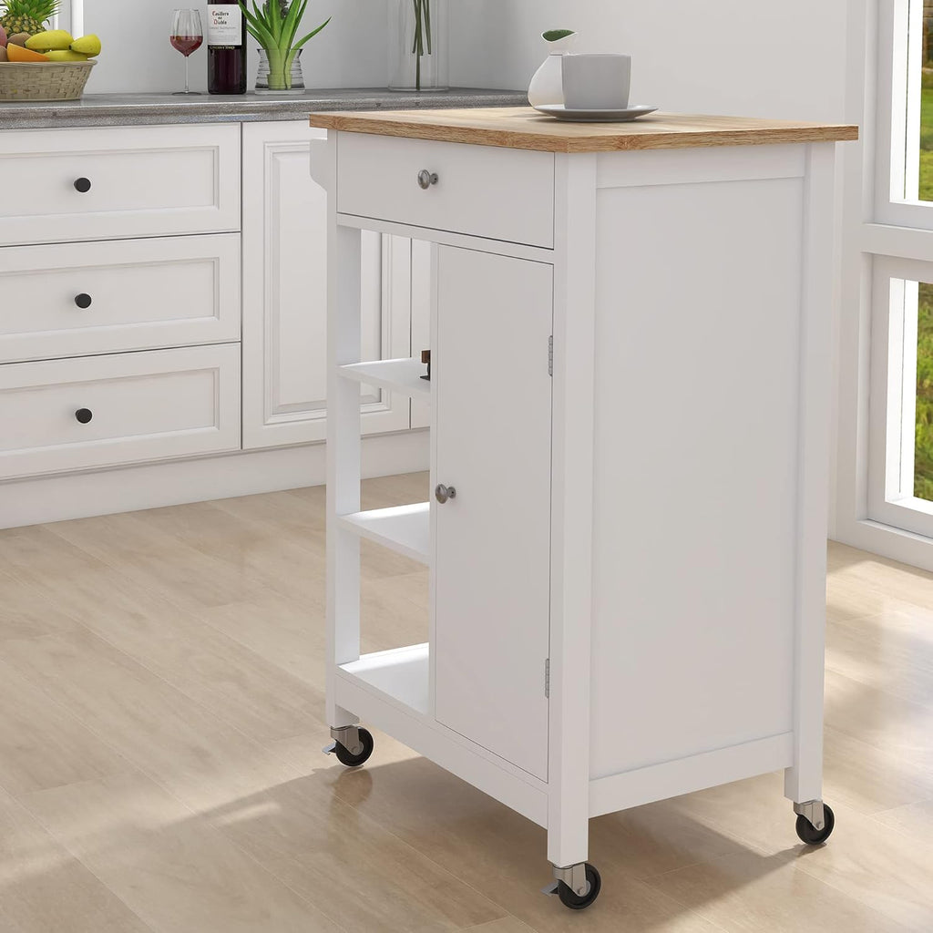 White Solid Wood Top Kitchen Island on Wheels with Single Door and One Drawer Towel Rack T9952