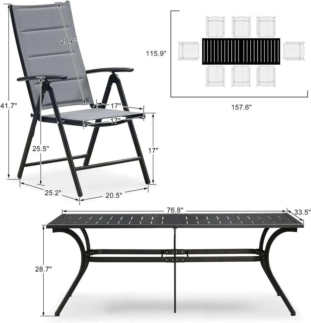 9 Pieces Outdoor Patio Dining Set with 8 Folding Chairs and Aluminum Table, Grey B265613