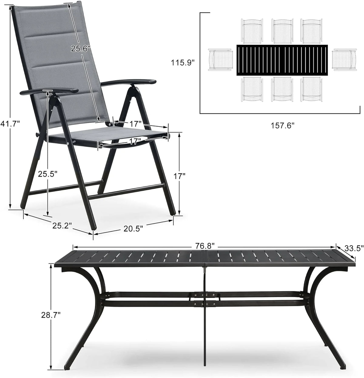 9 Pieces Outdoor Patio Dining Set with 8 Folding Chairs and Aluminum Table, Grey B265613