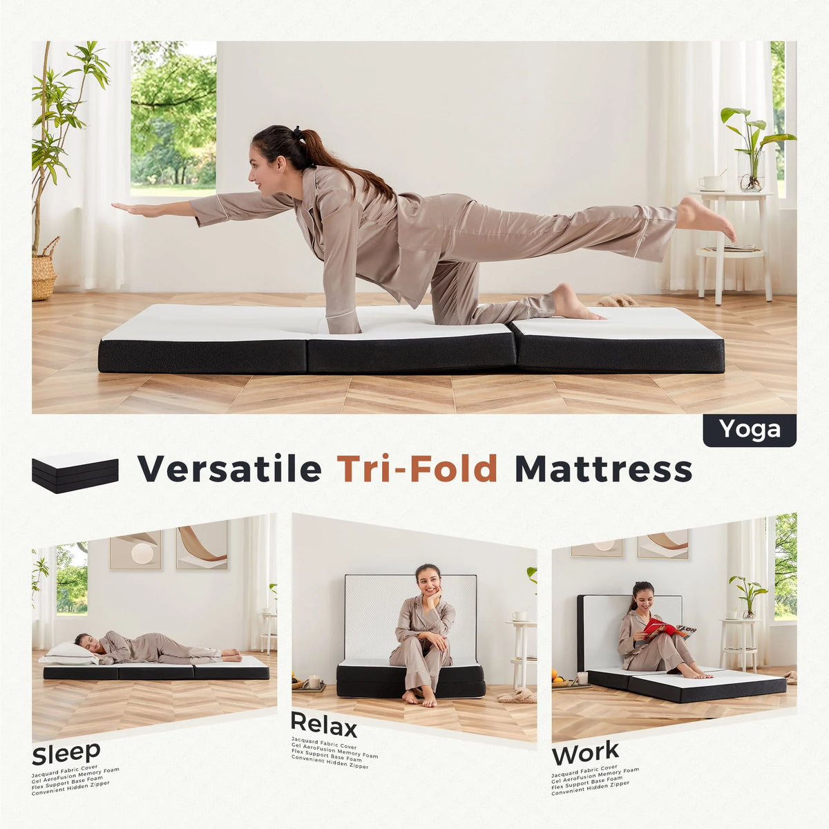 4 inch Tri-fold Memory Foam Mattress Topper with Washable Cover E975008