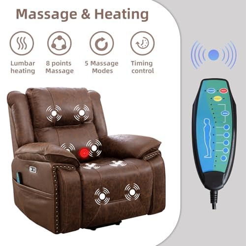 Brown Leather Power Lift Chair with Massage and Heat U7428