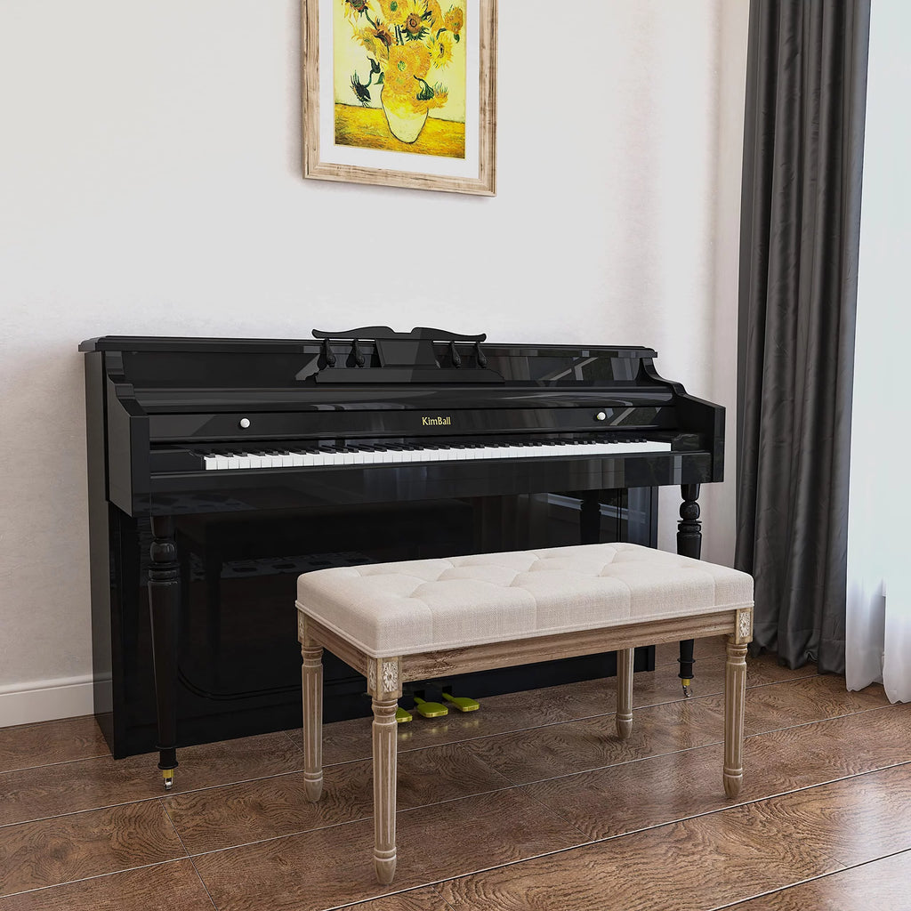 Beige Upholstered Bench with Carved Wood Legs E30301