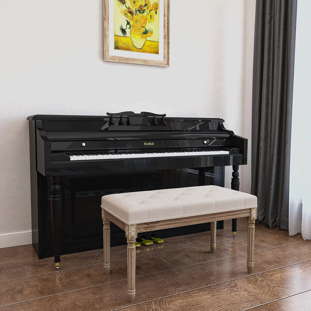 Beige Upholstered Bench with Carved Wood Legs E30301