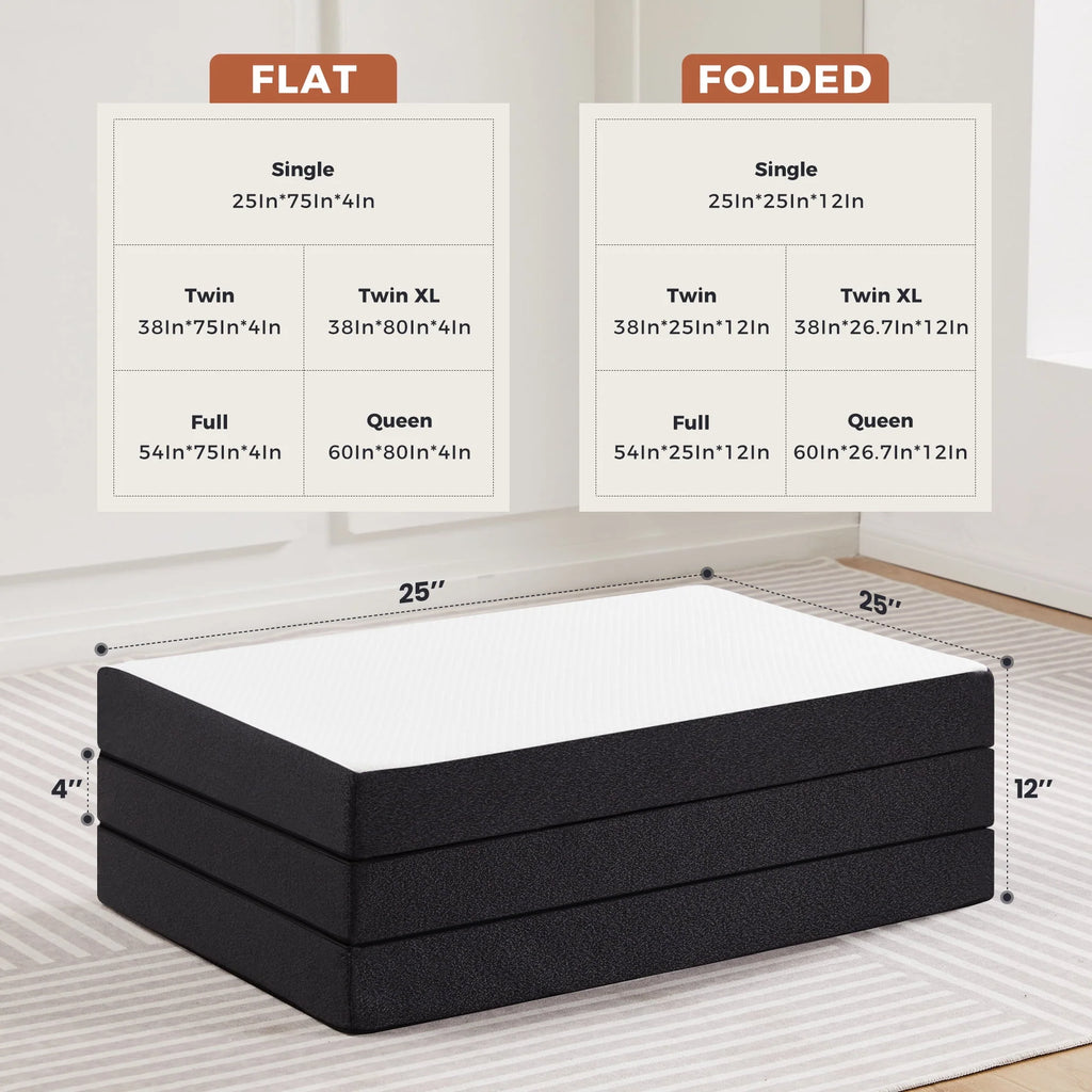 4 inch Tri-fold Memory Foam Mattress Topper with Washable Cover E975008