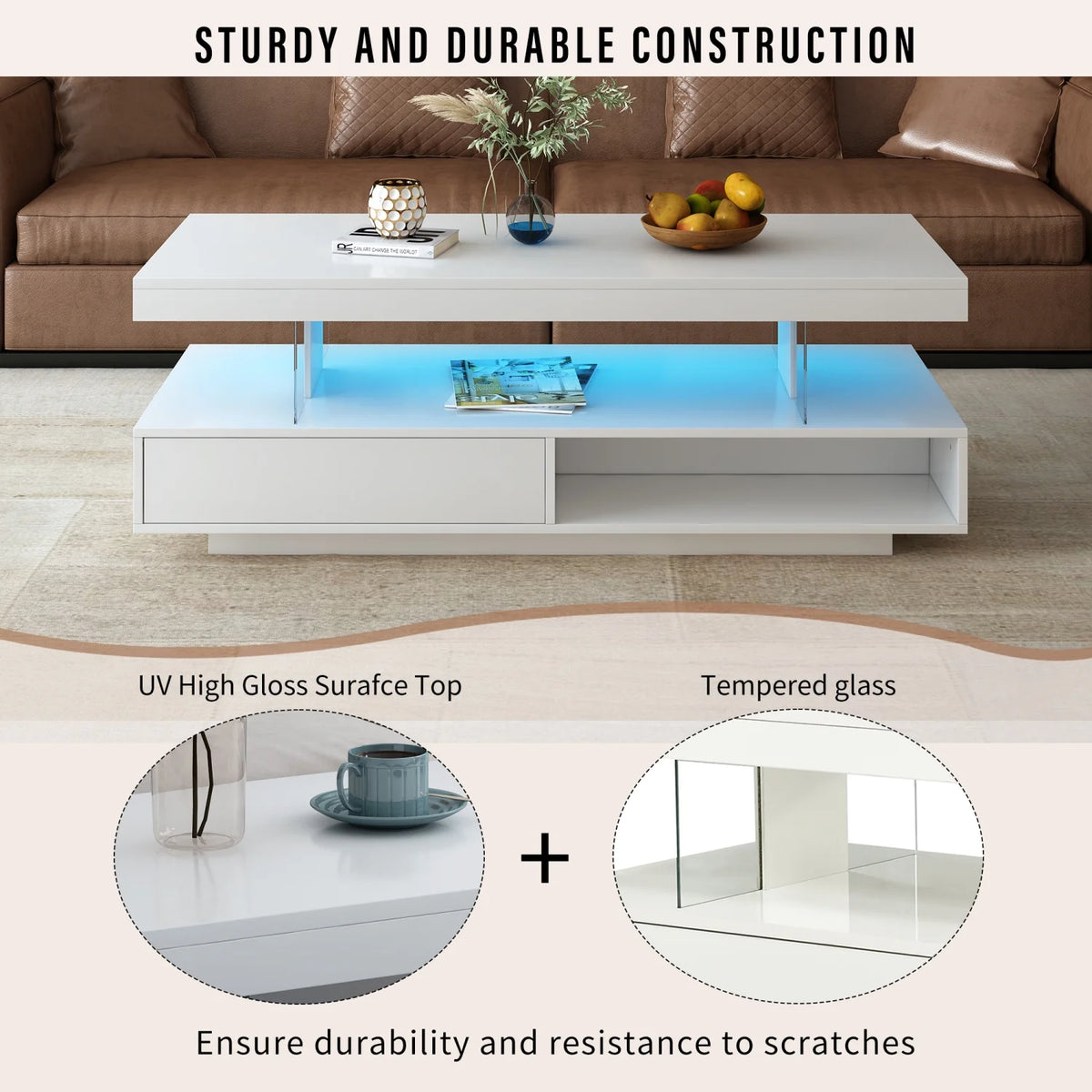 White LED Coffee Table with Storage and 2 Drawers L4029