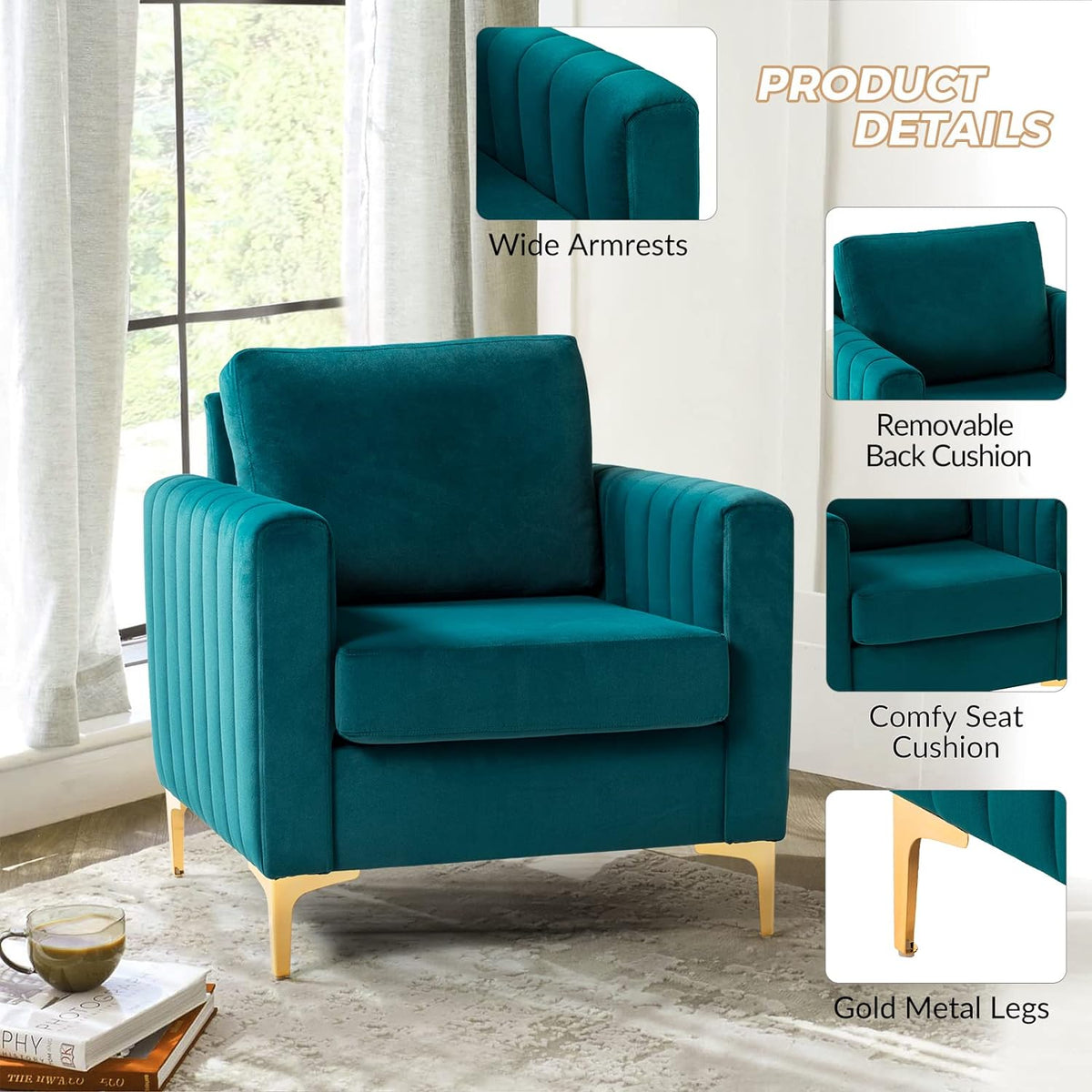 Teal Velvet Club Chairs Set Of 2 with Metal Legs Z965962