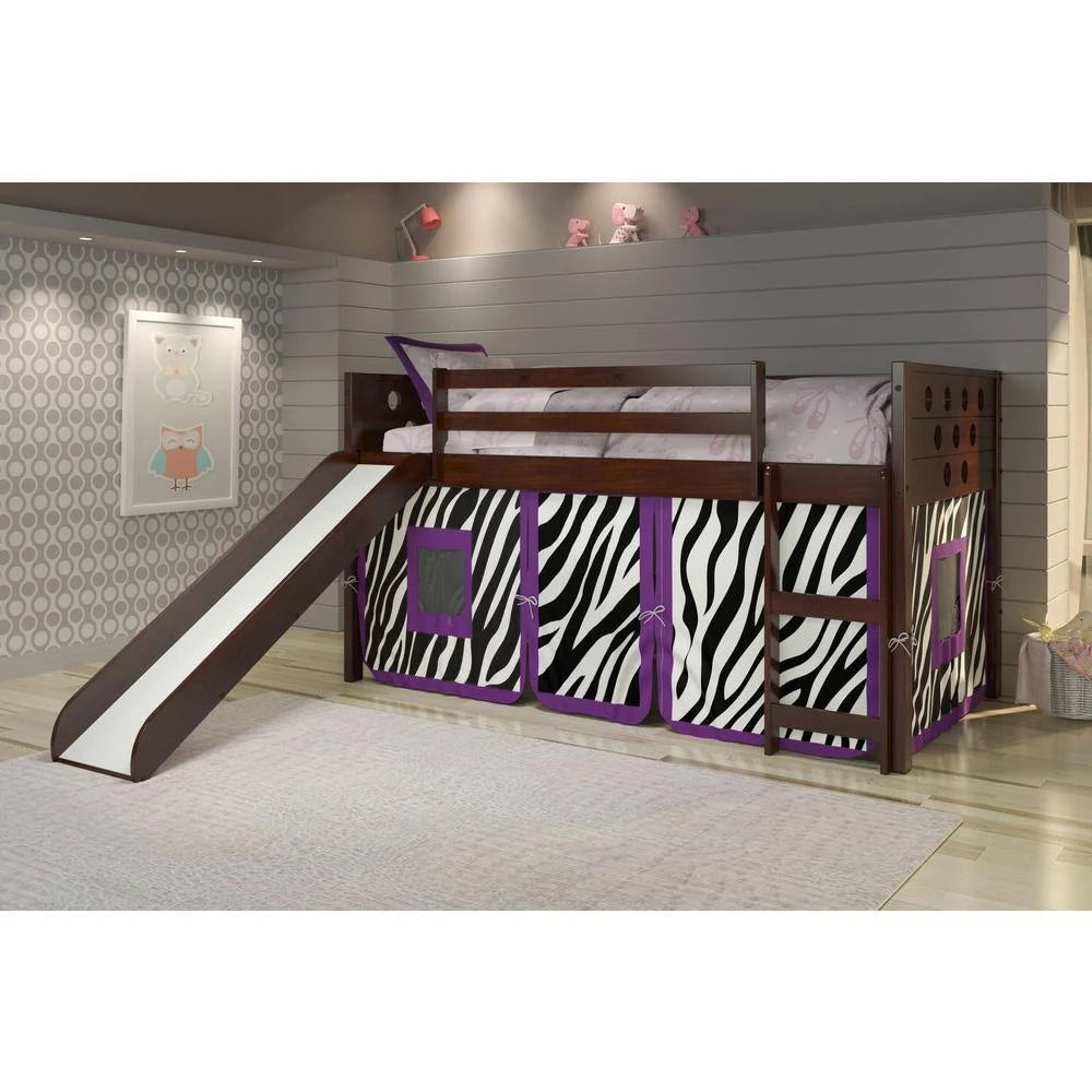 Twin Circles Low Loft with Slide and Zebra Tent Kit in Dark Cappuccino Finish M644195