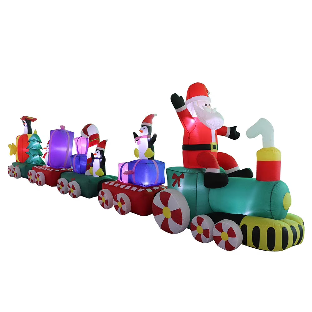 Santa Claus Christmas Train with Penguins Presents Snowman Blown Yard Inflatable I75896