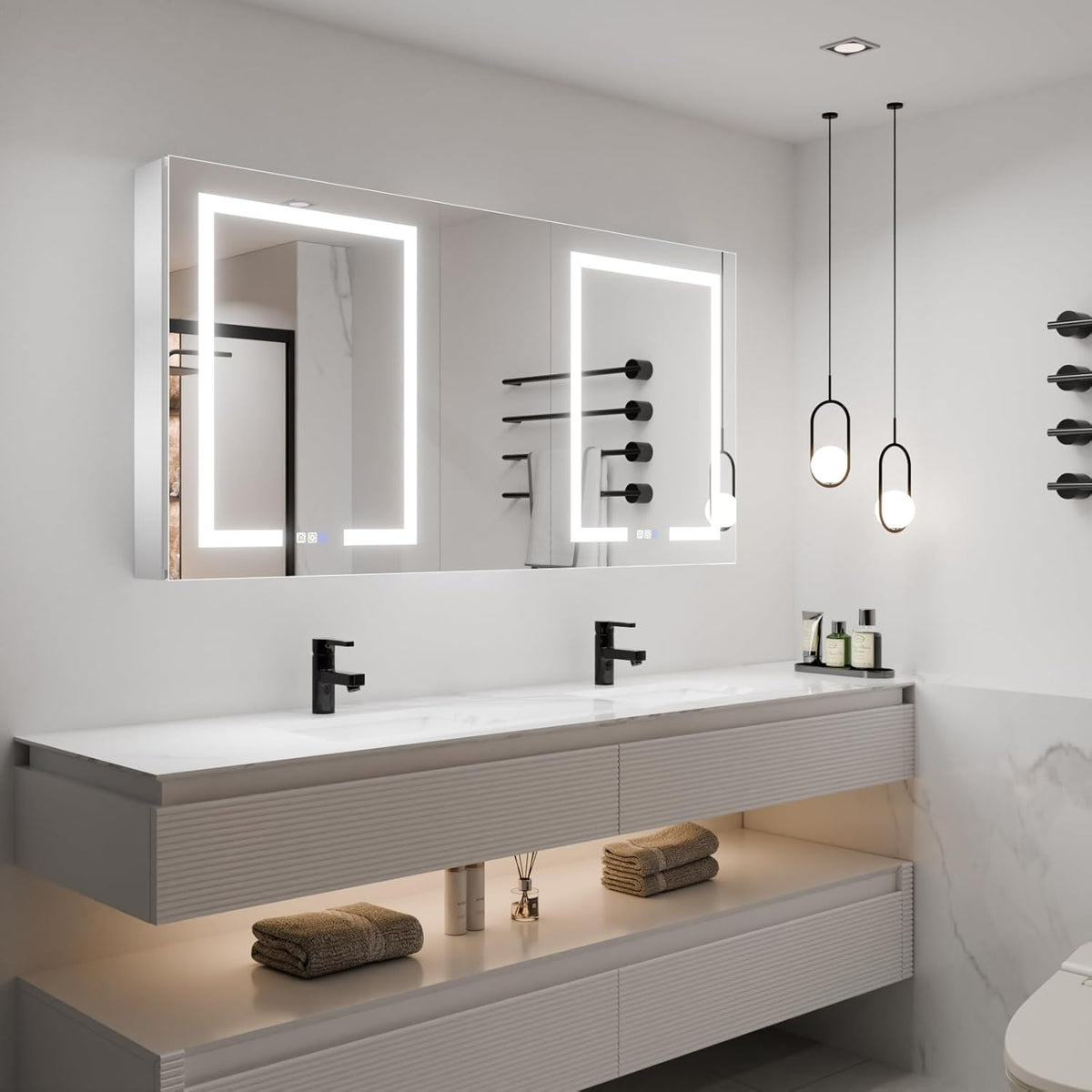 LED Lighted Bathroom Medicine Cabinet with Mirror, 60 x 30 Inch, with Extra Closed Storage Cabinet A981273