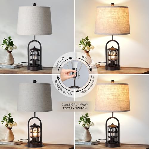 23" Rustic Table Lamp Set of 2 with Night Light, Brown X615144