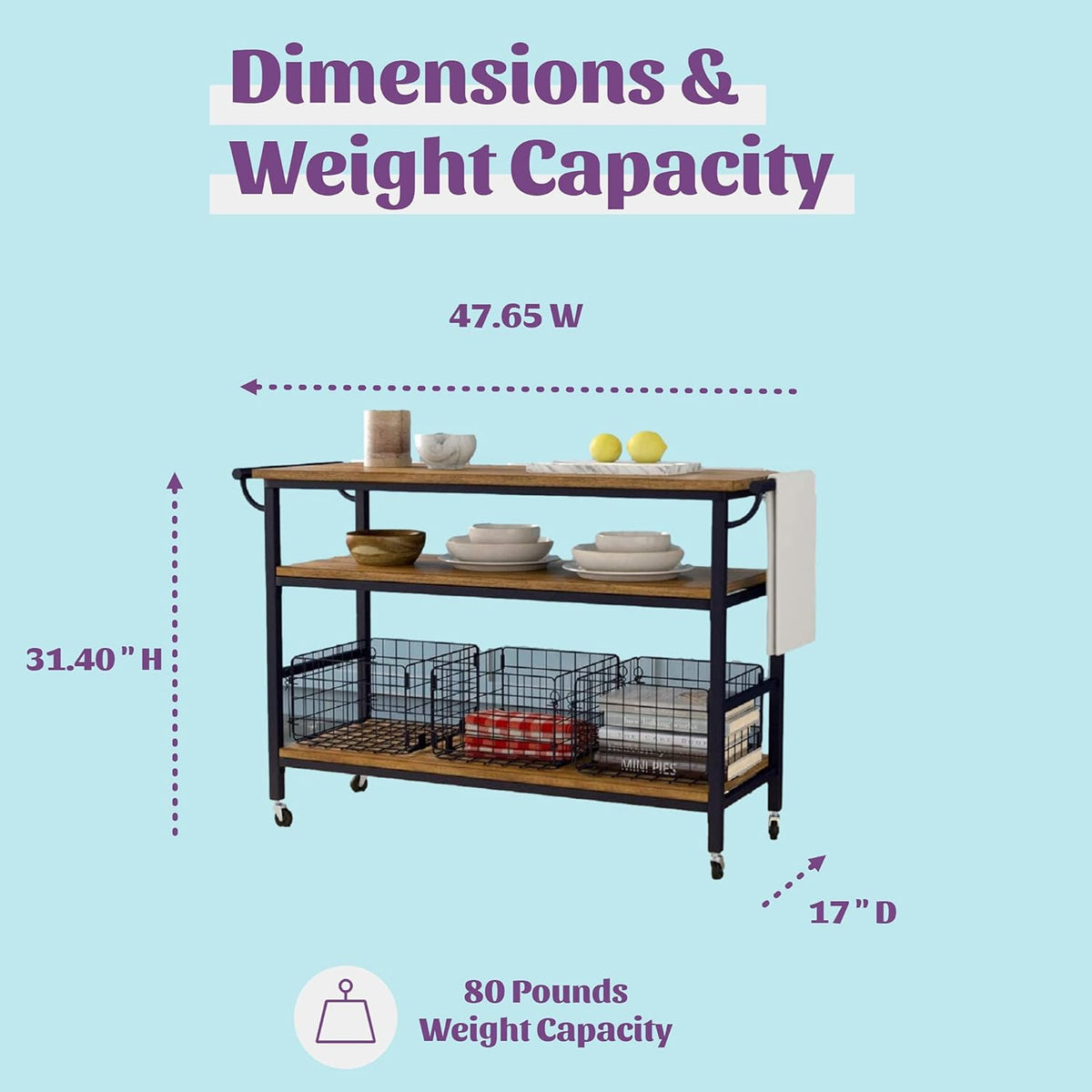 Industrial Kitchen Cart with Wheels and 3 Metal Storage Baskets E210271