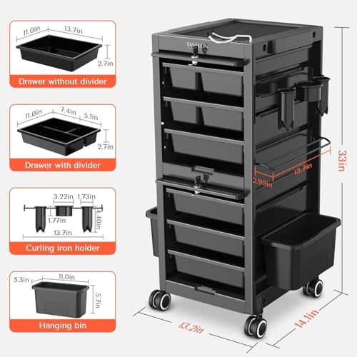 Pink Lockable Rolling Salon Cart with 6 Drawers X770