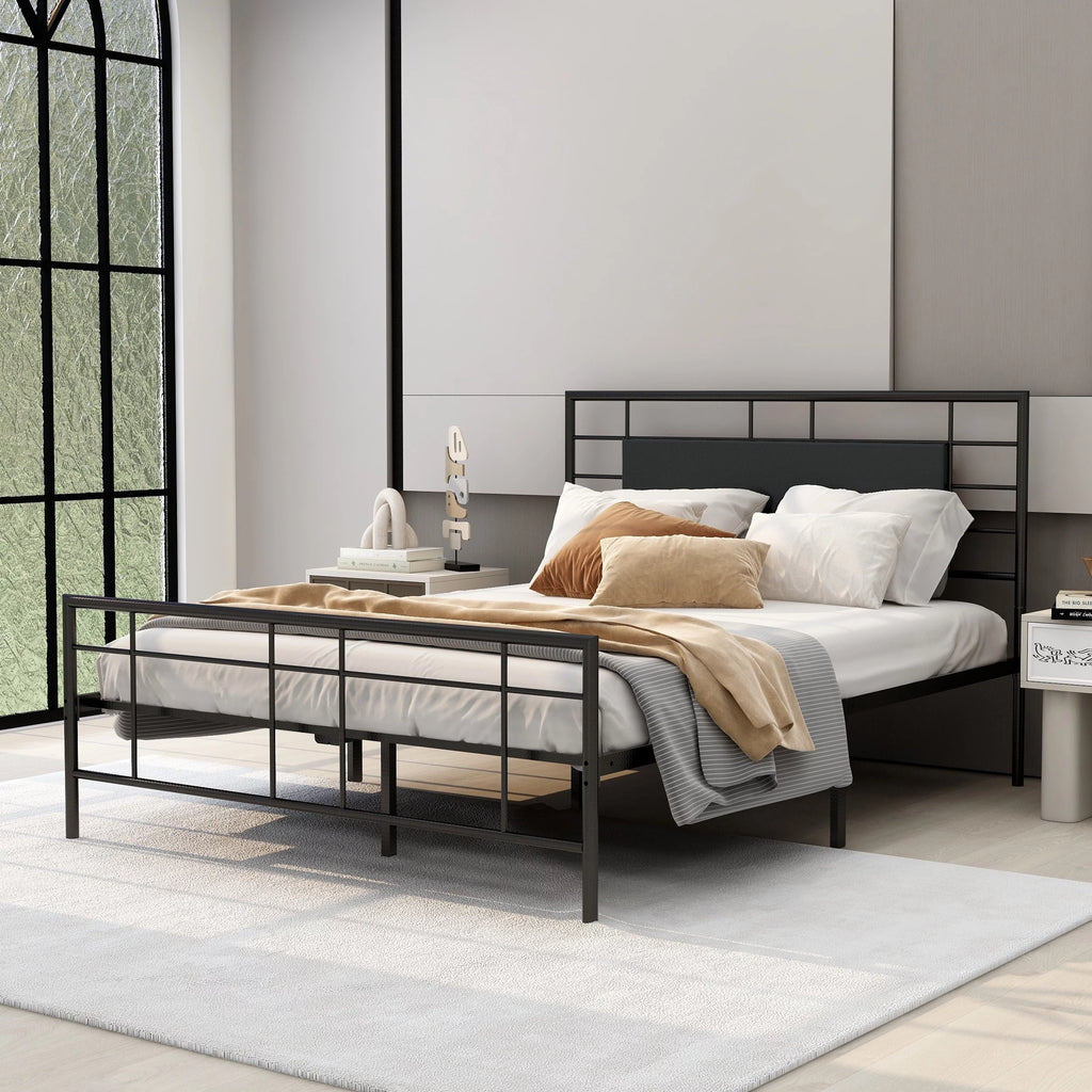 Queen Size Black Metal Platform Bed Frame with Leather Upholstered Headboard T16110