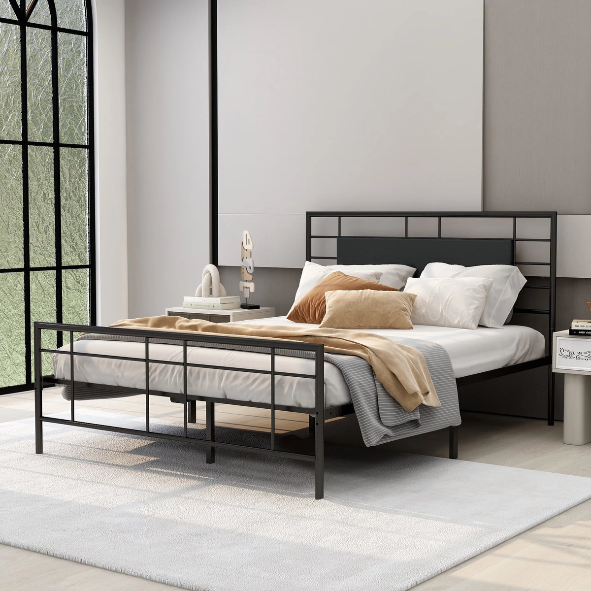 Queen Size Black Metal Platform Bed Frame with Leather Upholstered Headboard T16110