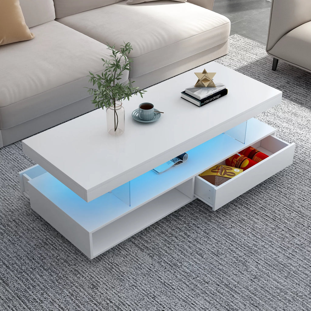 White LED Coffee Table with Storage and 2 Drawers L4029