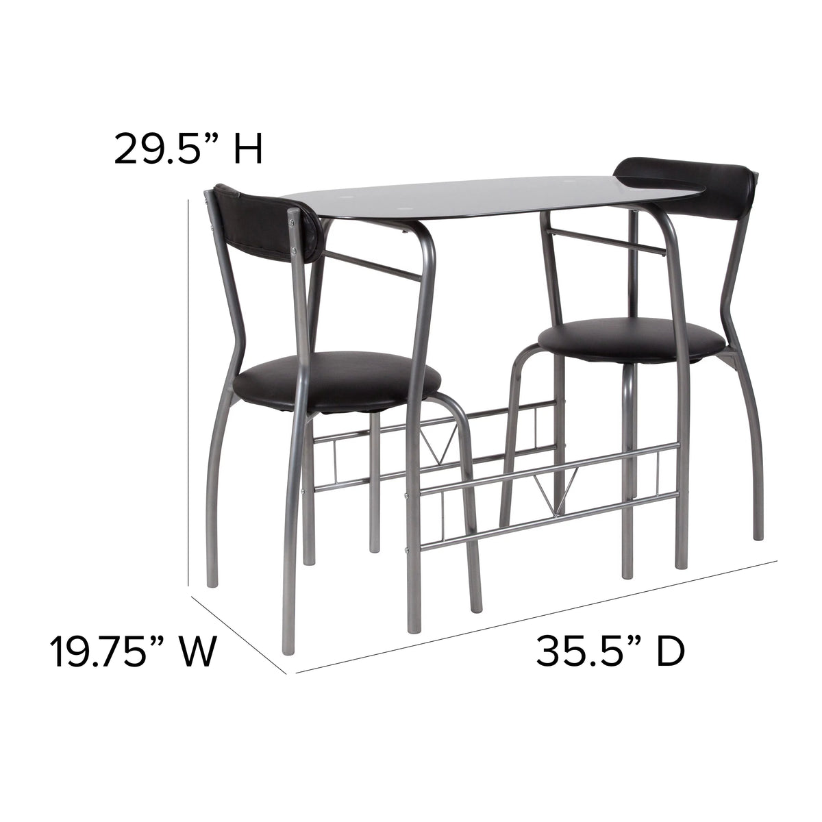 3 Piece Bistro Set with Black Glass Top Table and Black Vinyl Chairs J696